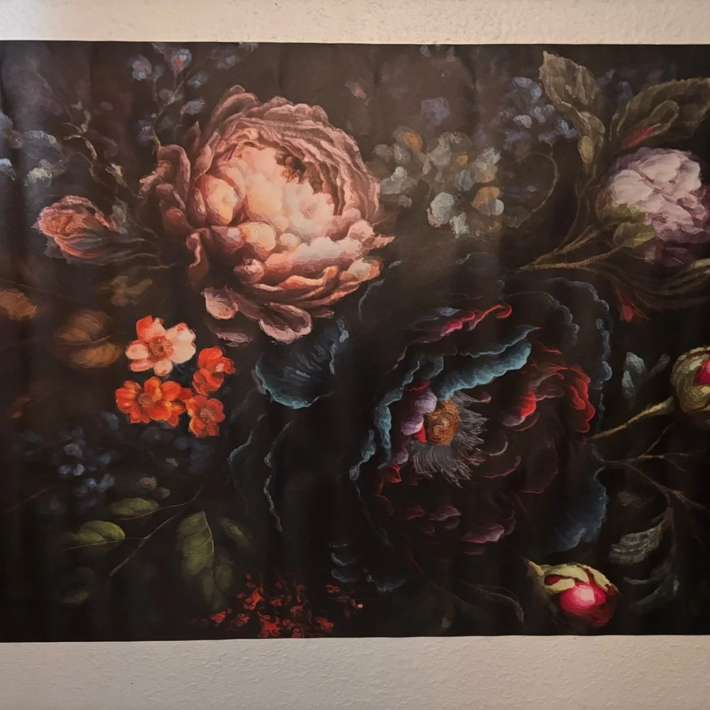Source Unknown Dark Floral Tapestry with Pink and Green